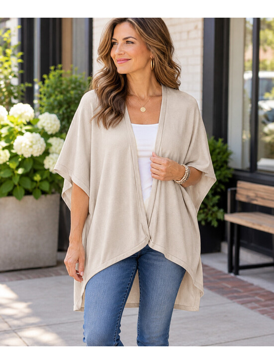 Chico's Sweaters - Chico's S/M Beige Tan Poncho Kimono Sweater Cotton Blend Oversized Draped Tunic